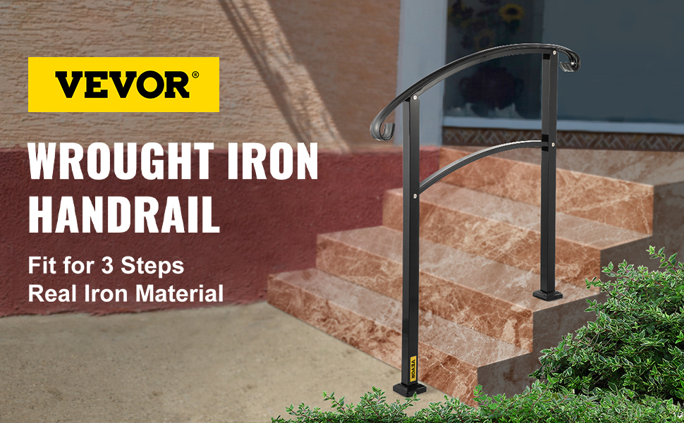 VEVOR handrail for outdoor steps in wrought iron, fits 3 steps, real iron material.