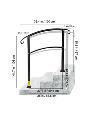 VEVOR handrail for outdoor steps with measurements listed and black metal construction.