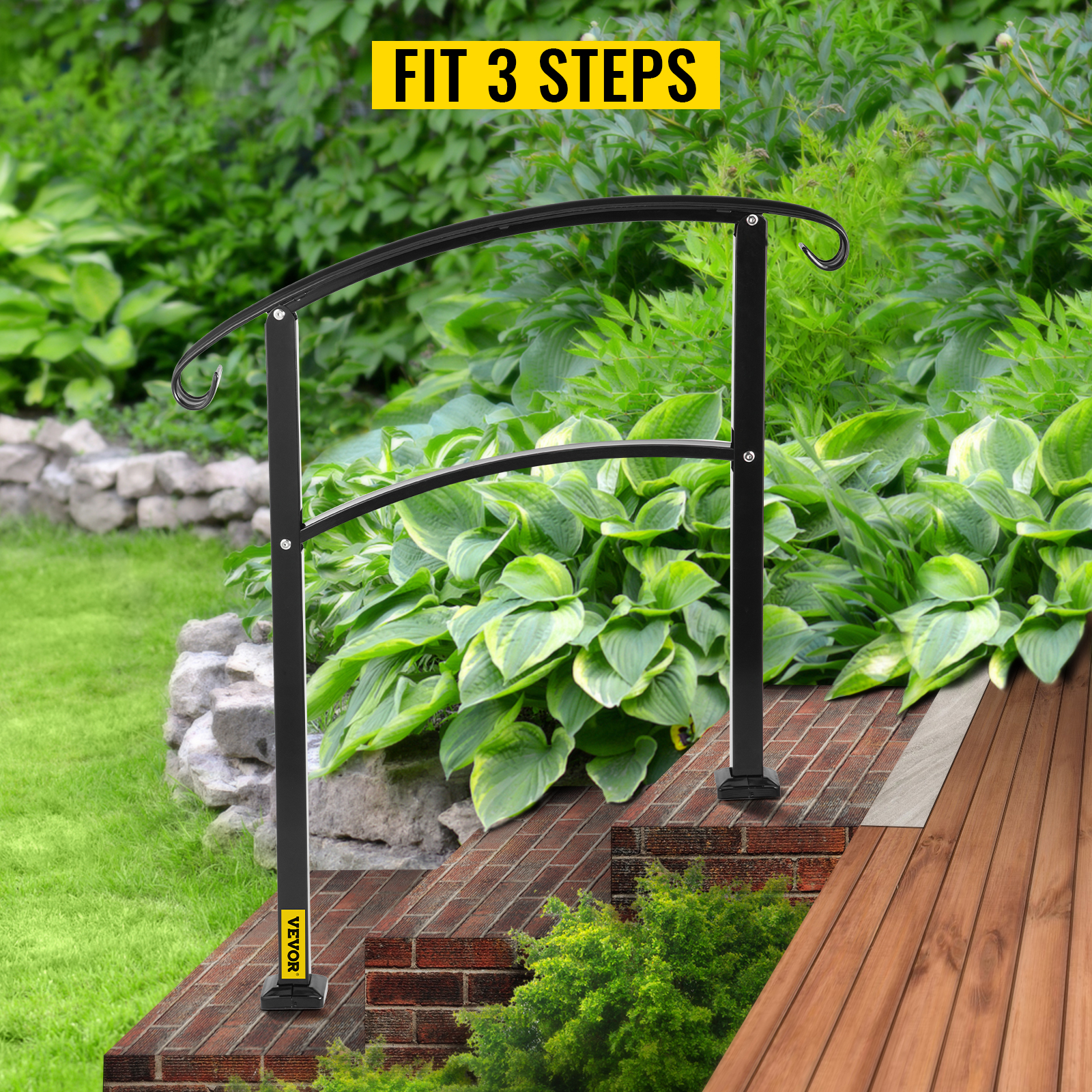 VEVOR handrail for outdoor steps fits 3 steps with lush greenery background.