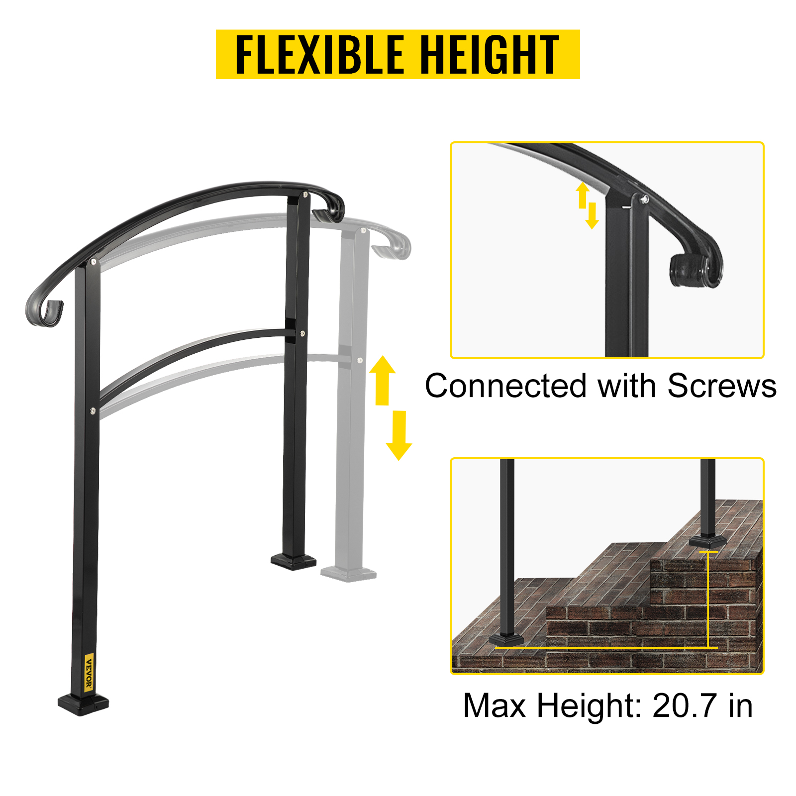 VEVOR handrail for outdoor steps with flexible height, max height 20.7 in, connected with screws.