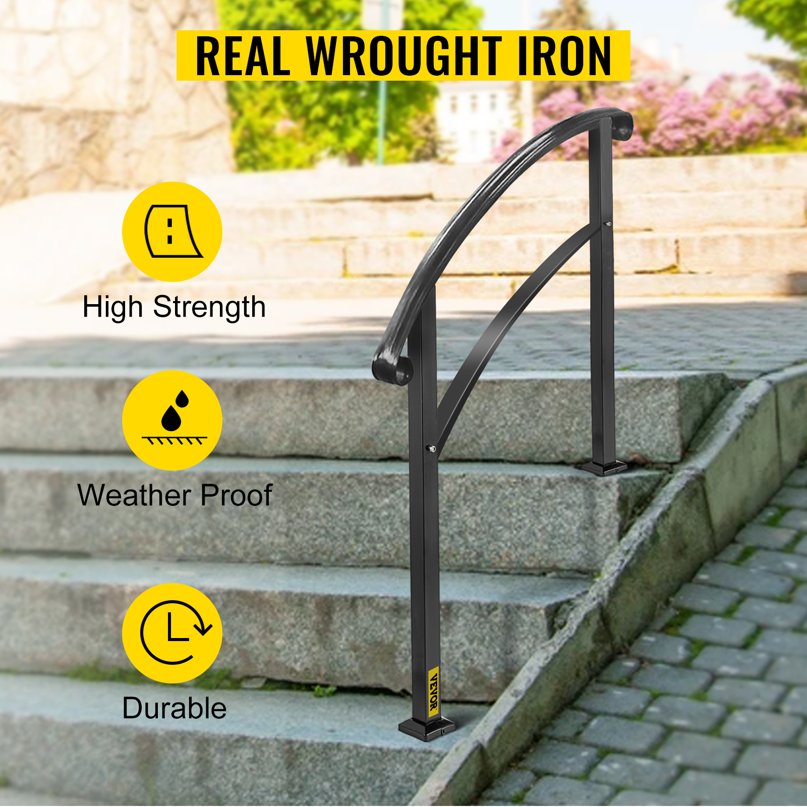 VEVOR handrail for outdoor steps, high strength, weatherproof, and durable.