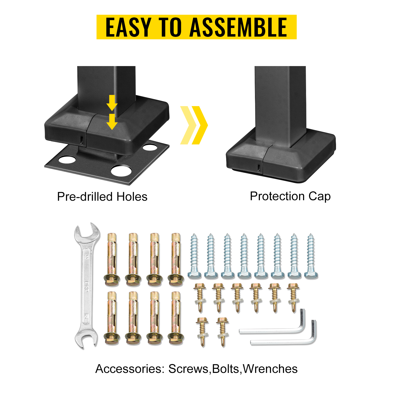 VEVOR handrail for outdoor steps with pre-drilled holes, protection cap, and assembly accessories.