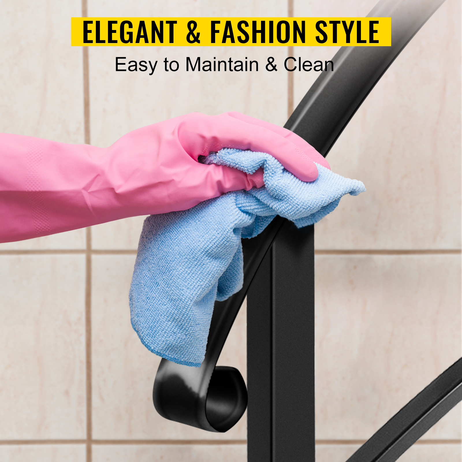 gloved hand cleaning VEVOR handrail for outdoor steps with a blue cloth.