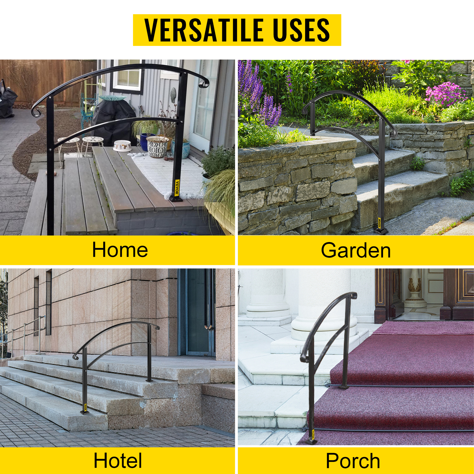 VEVOR handrail for outdoor steps in home, garden, hotel, and porch settings.
