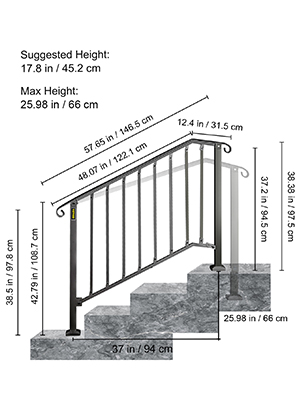 VEVOR outdoor handrails measurements and dimensions for stair installation.