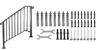 VEVOR outdoor handrails with installation hardware and wrenches.