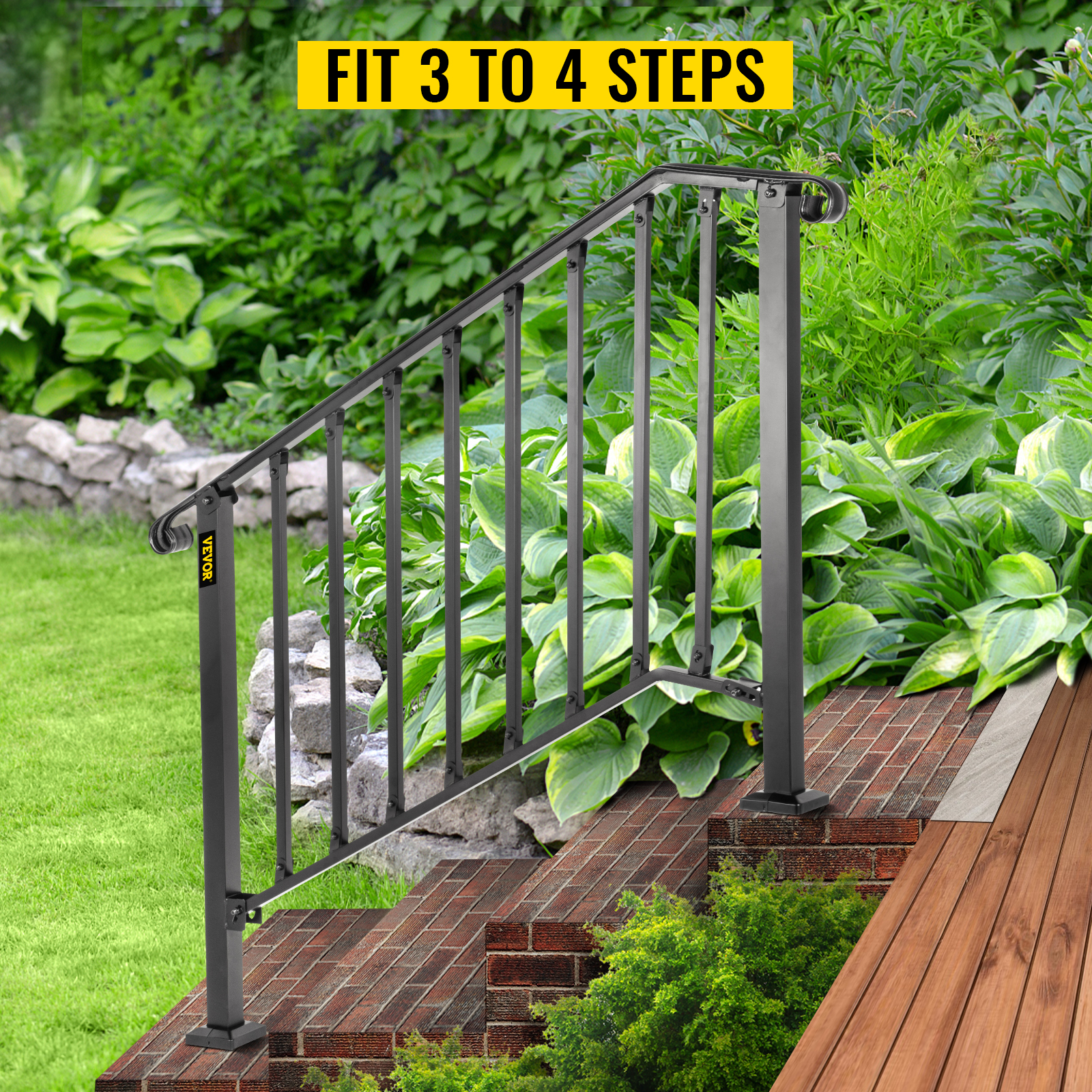 VEVOR outdoor handrails for 3 to 4 steps, beside lush garden.
