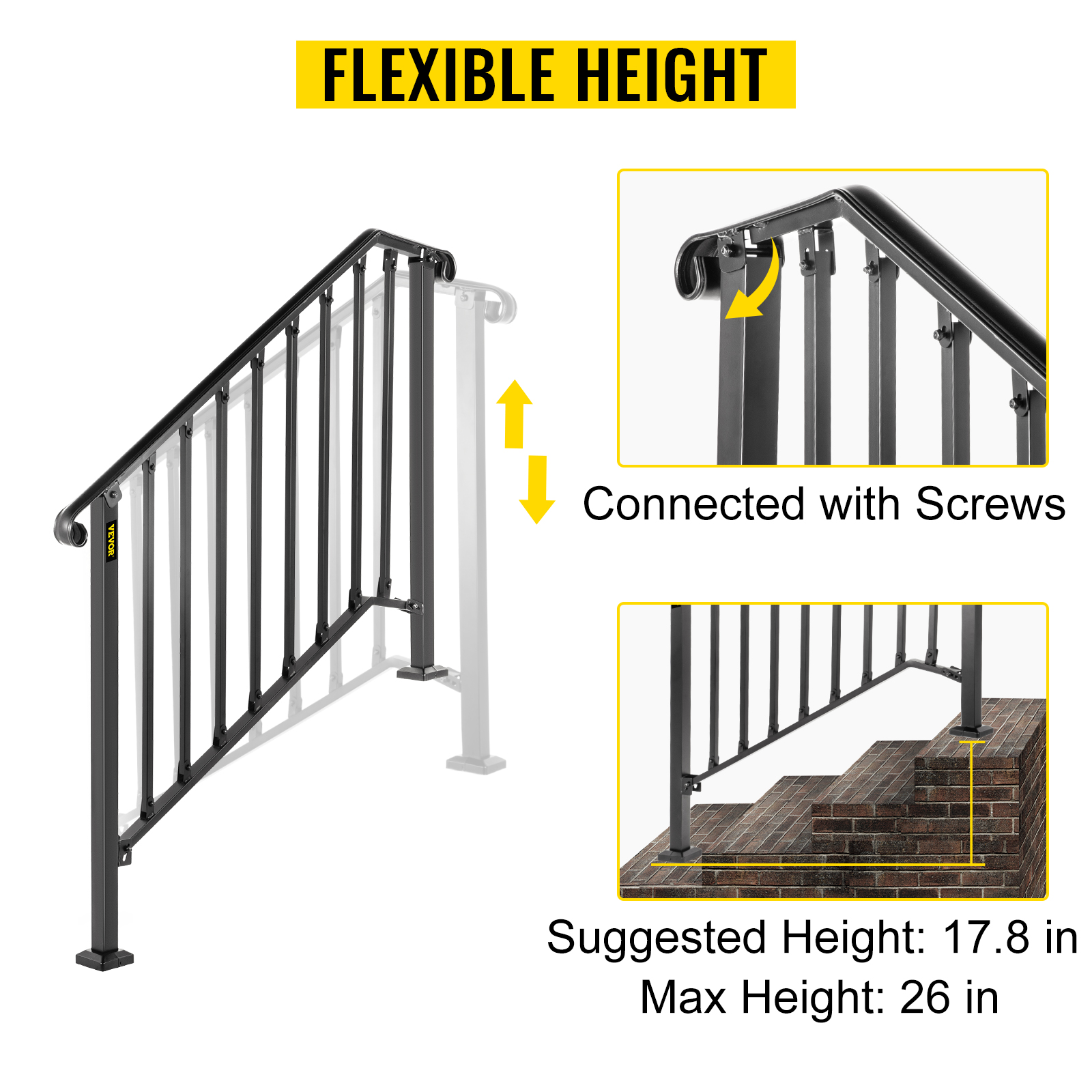 VEVOR outdoor handrails with adjustable height and screw connections for stairs.