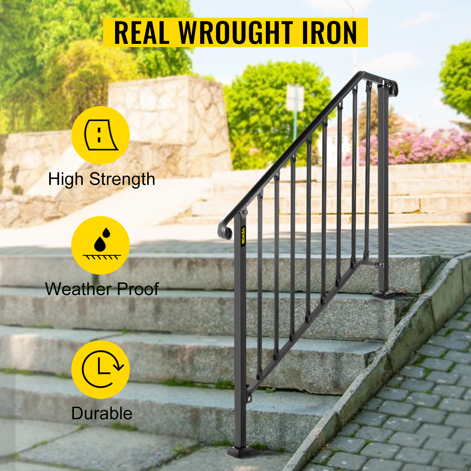 VEVOR outdoor handrails: real wrought iron, high strength, weatherproof, and durable.