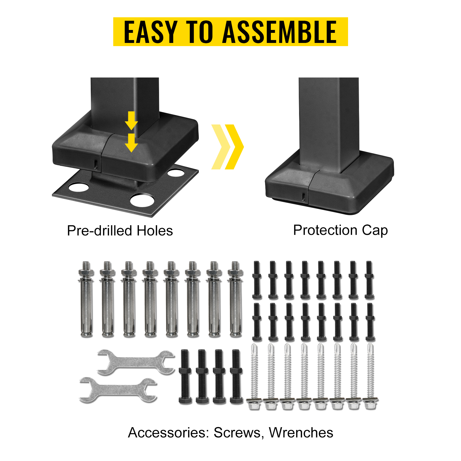 VEVOR outdoor handrails with pre-drilled holes, protection cap, screws, and wrenches. easy to assemble.