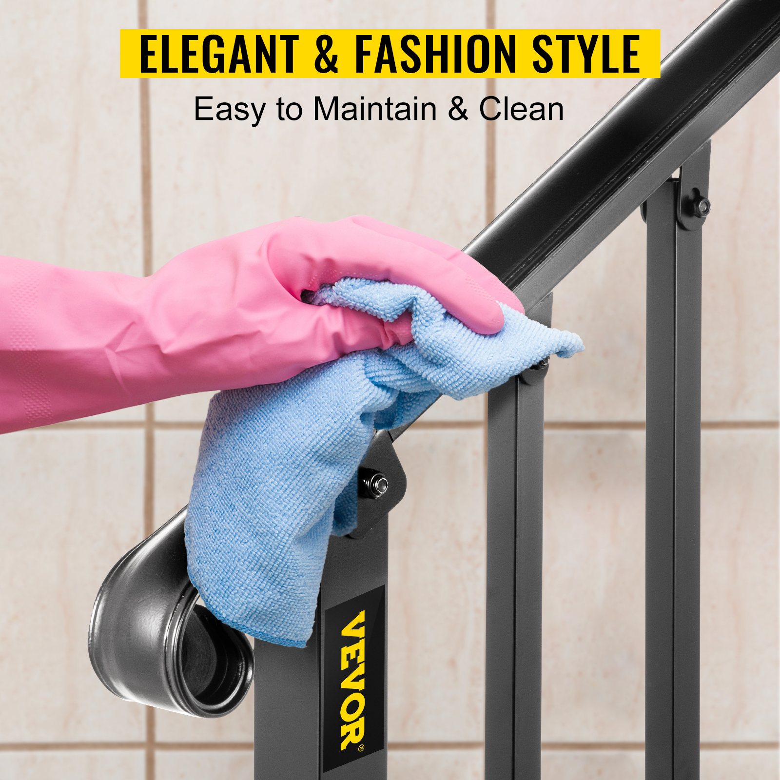cleaning VEVOR outdoor handrails with pink gloves and blue cloth, highlighting ease of maintenance.