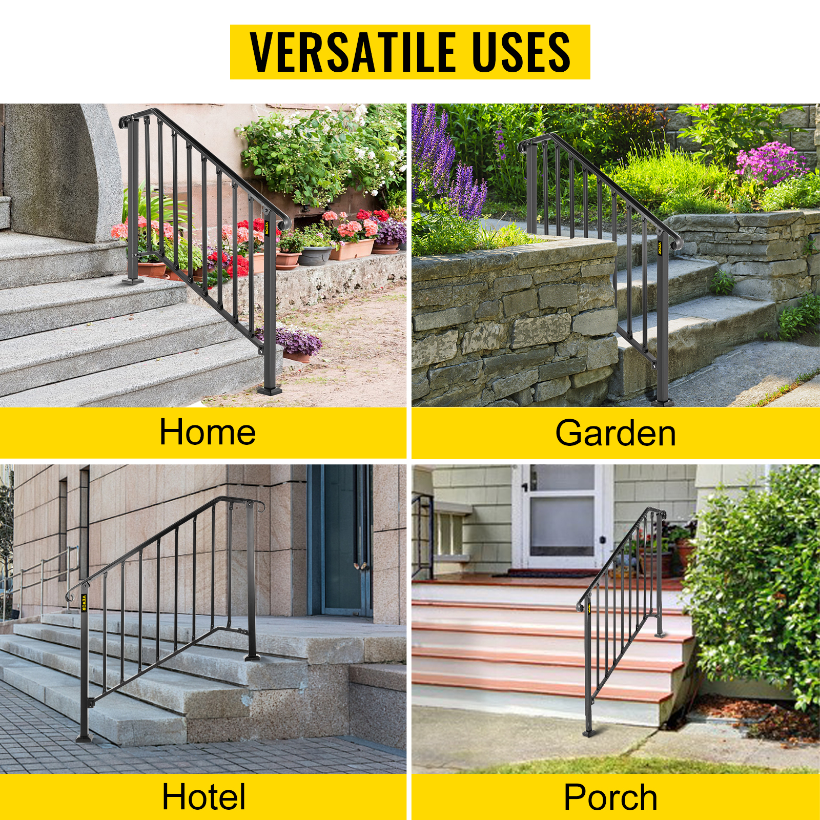 VEVOR outdoor handrails for home, garden, hotel, and porch stairs. versatile uses.