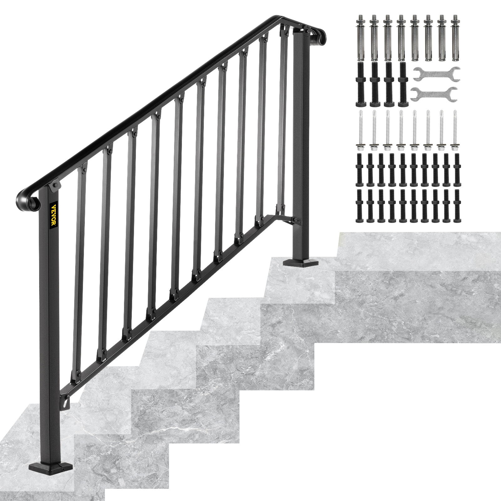 VEVOR handrails for outdoor steps with installation hardware on gray stone stairs.