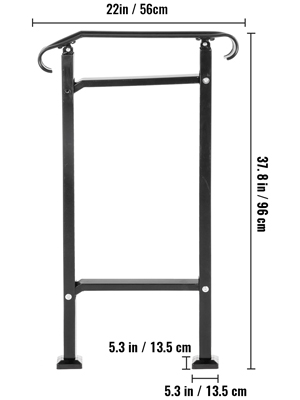 VEVOR outdoor stair railing, black metal, 37.8x22 inches with measurements shown.