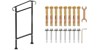 VEVOR outdoor stair railing with bolts, nuts, wrench, and allen key.