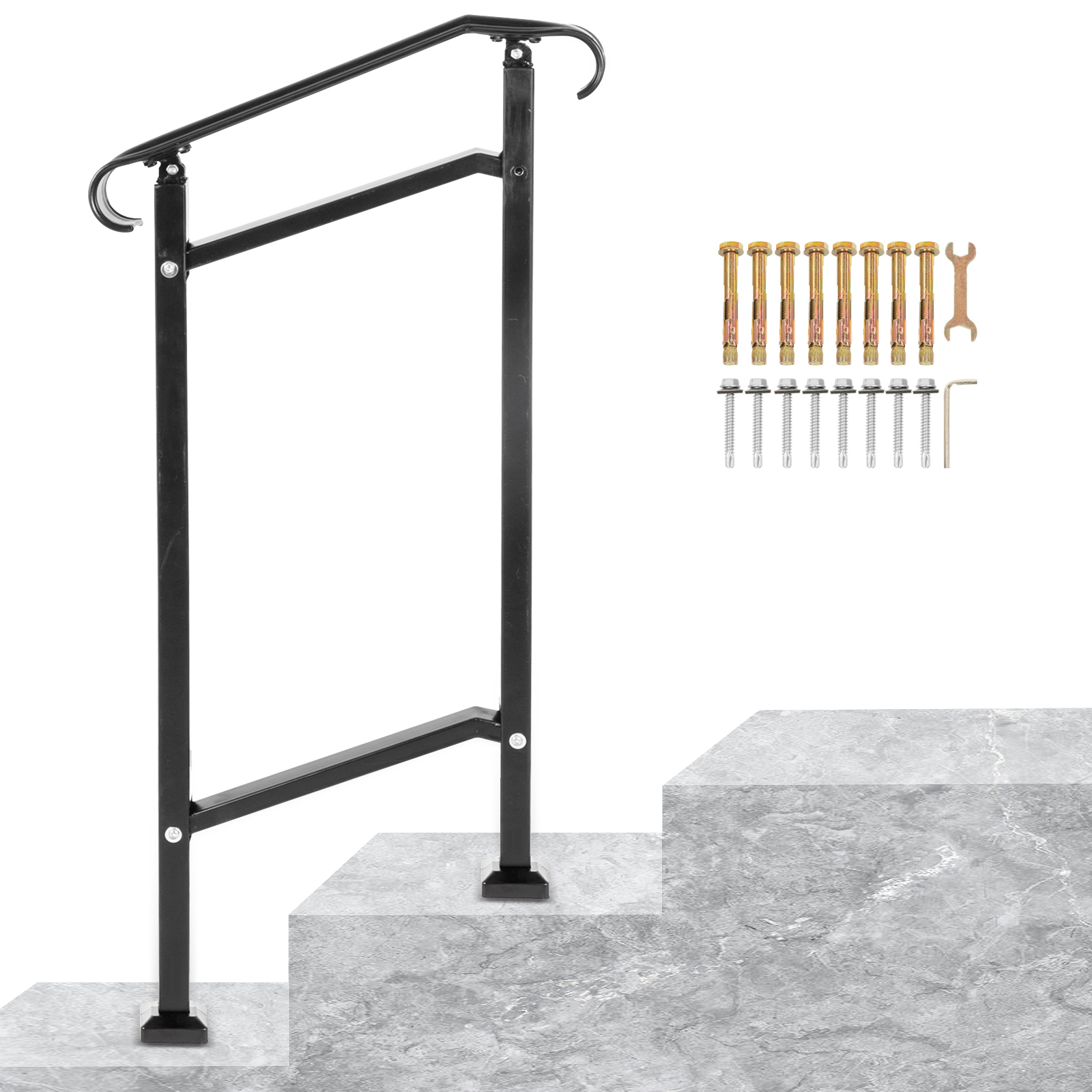 VEVOR outdoor stair railing with installation hardware on stone steps.
