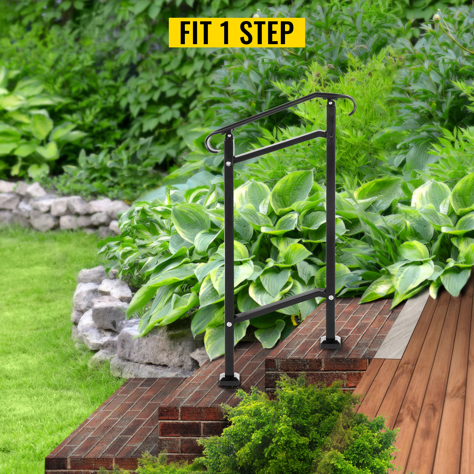 VEVOR outdoor stair railing for 1 step, in garden setting with lush green plants.