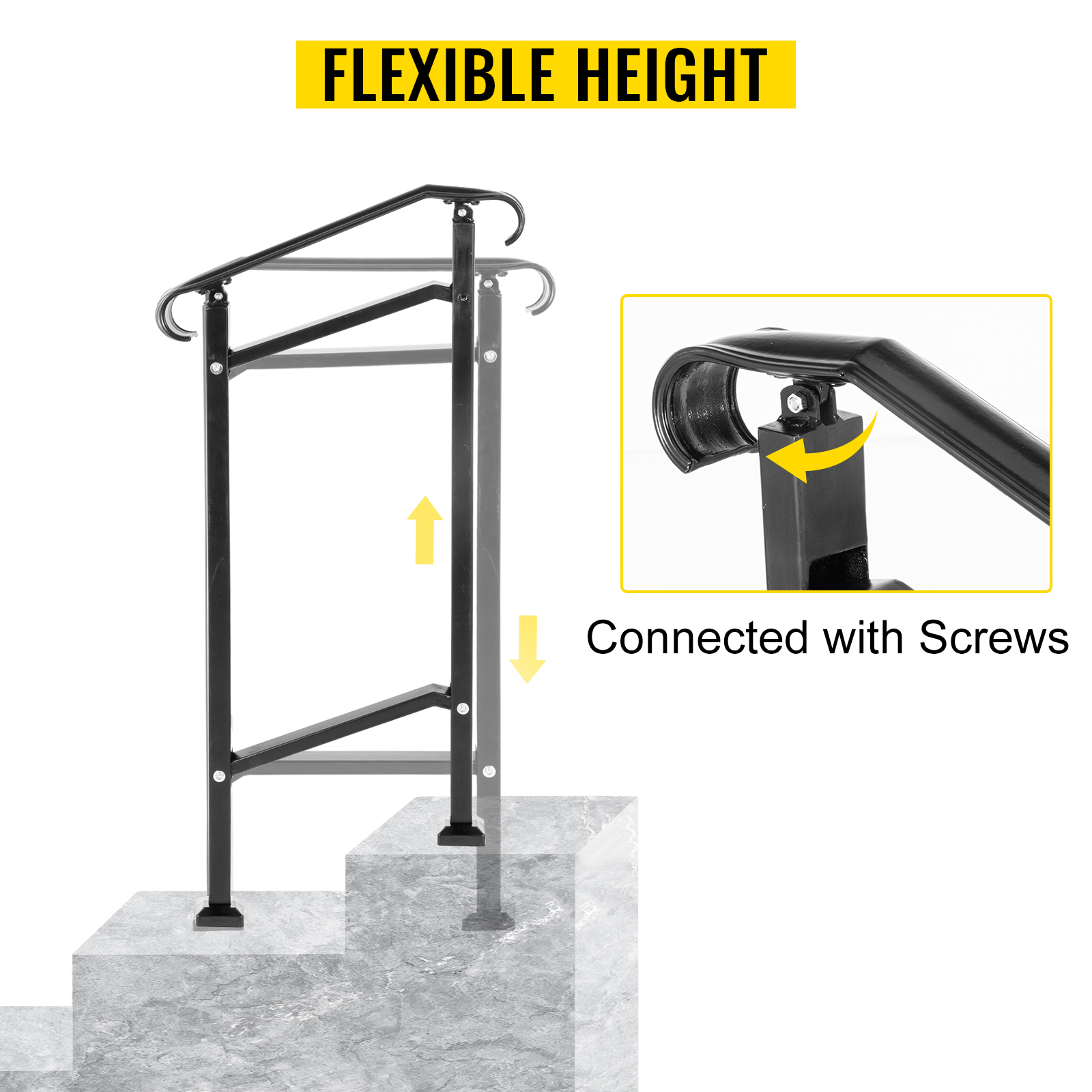 VEVOR outdoor stair railing with adjustable height and screw connection.