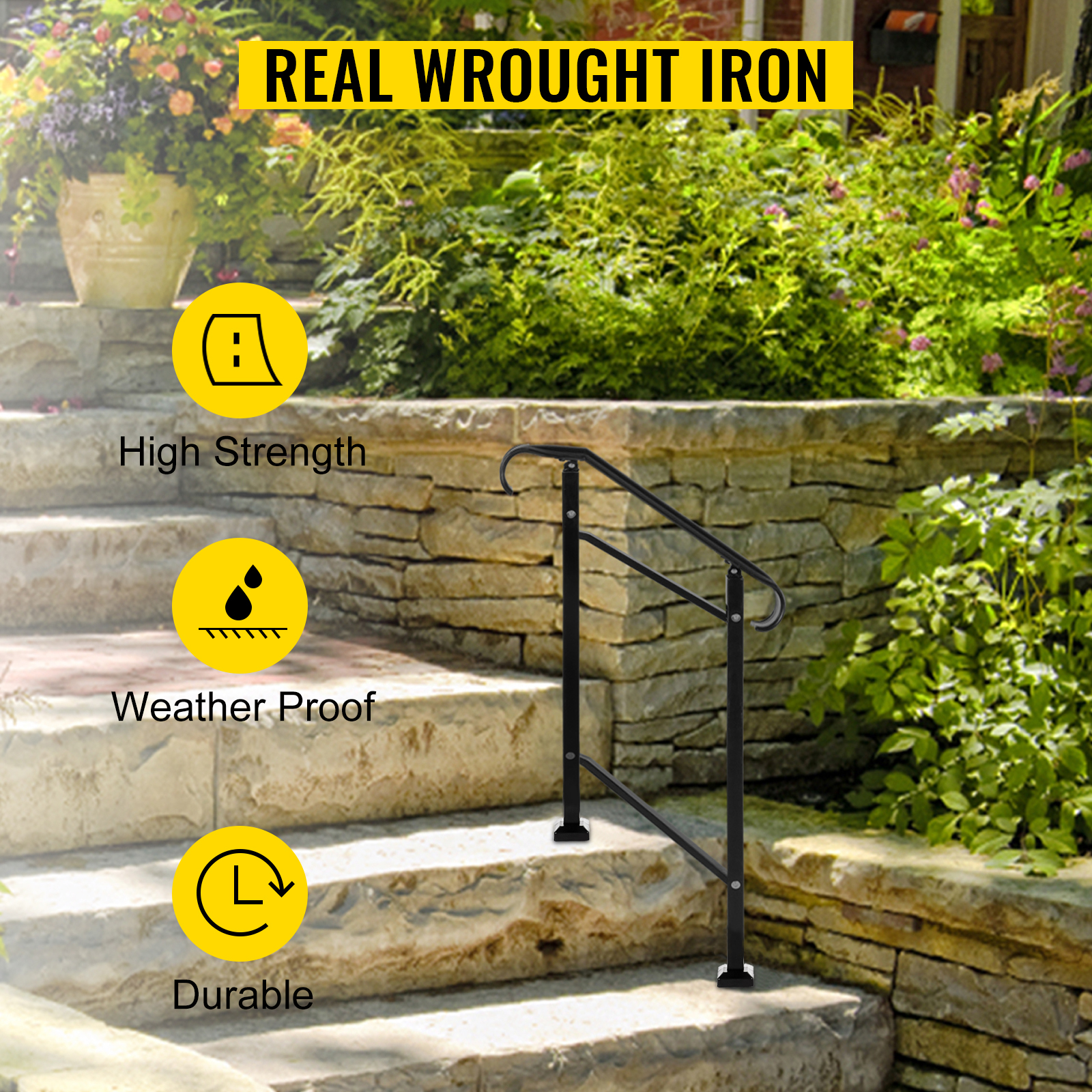 VEVOR outdoor stair railing on stone steps, surrounded by lush greenery and flowers.
