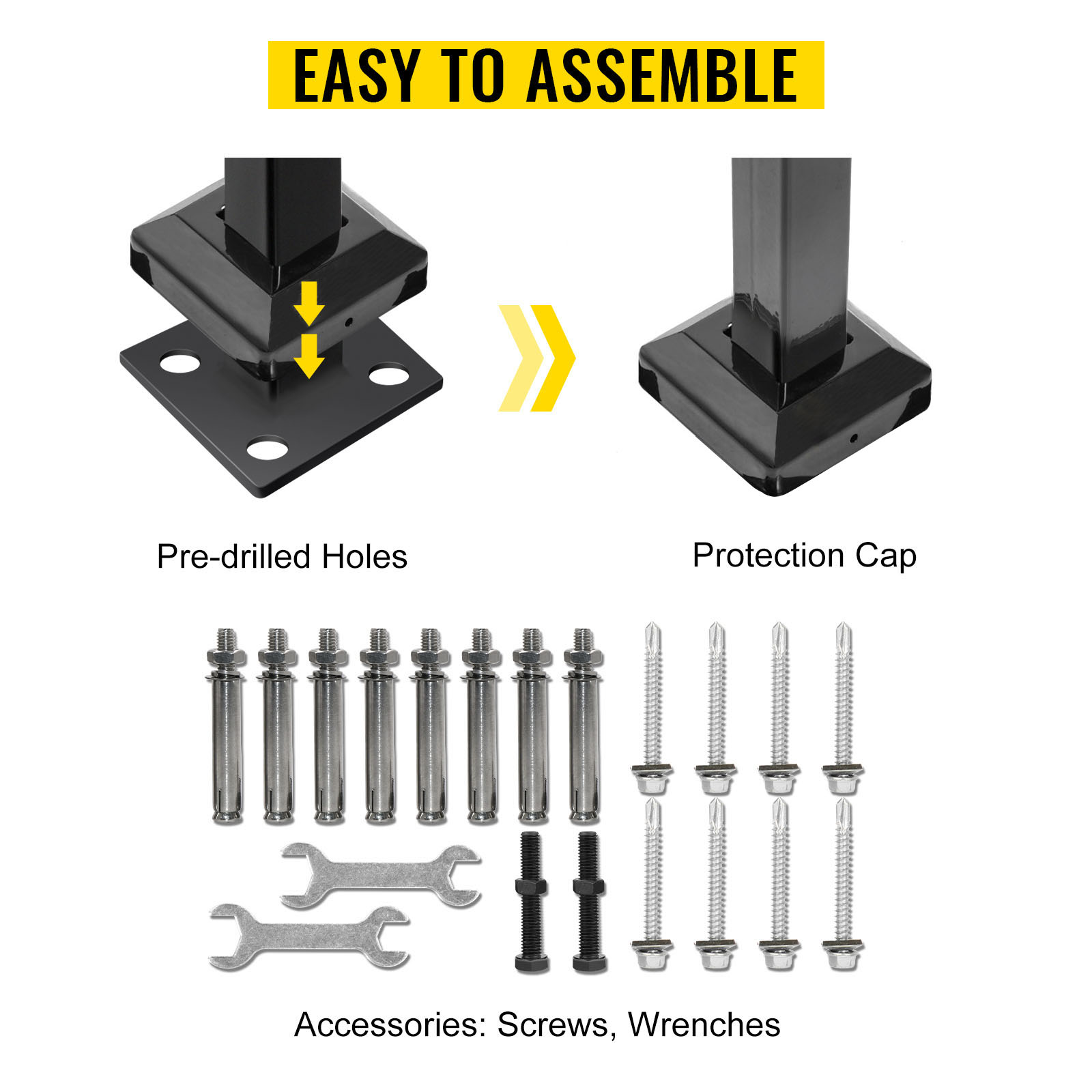 VEVOR outdoor stair railing parts: pre-drilled holes, protection cap, screws, and wrenches.