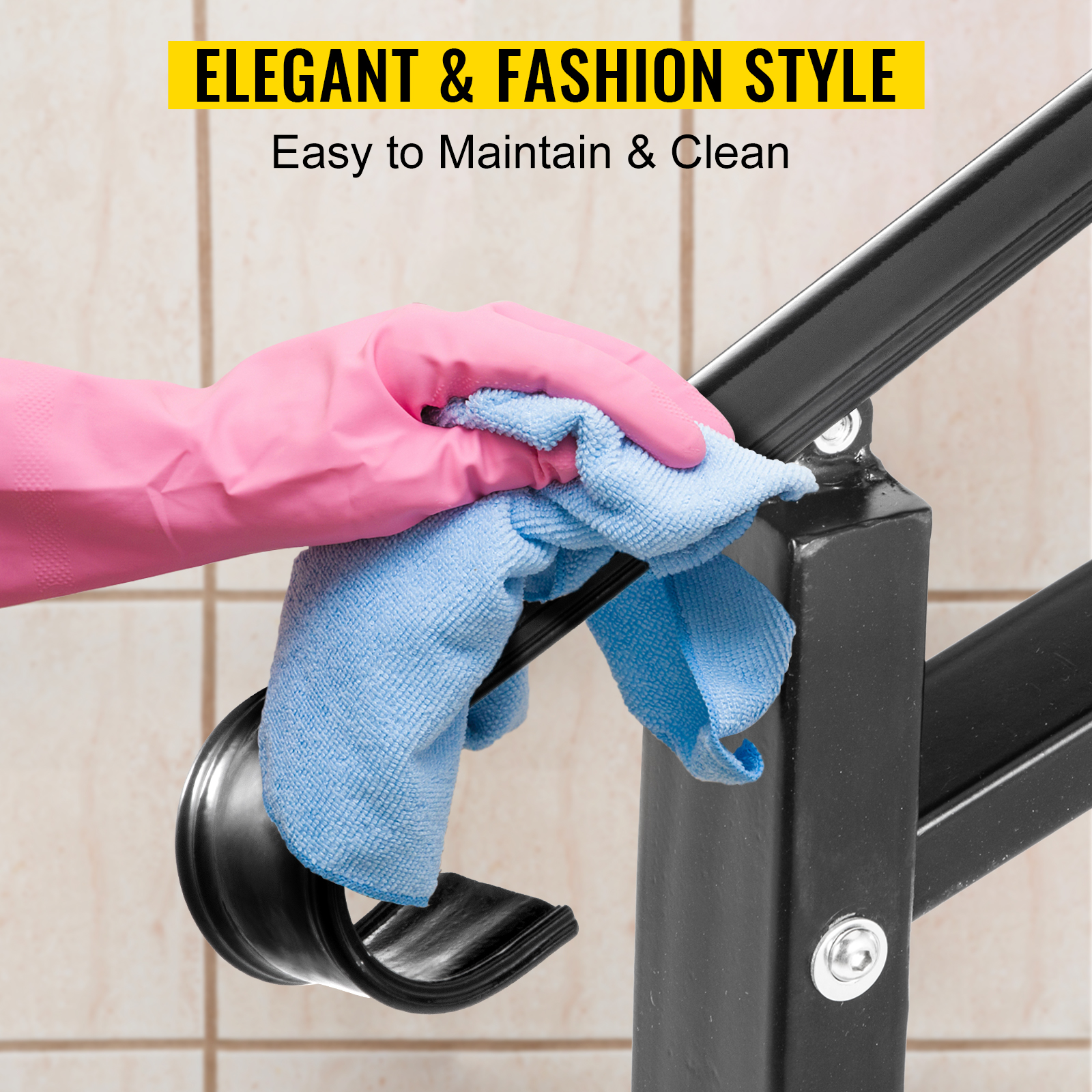 cleaning a VEVOR outdoor stair railing with a blue cloth and pink gloves.