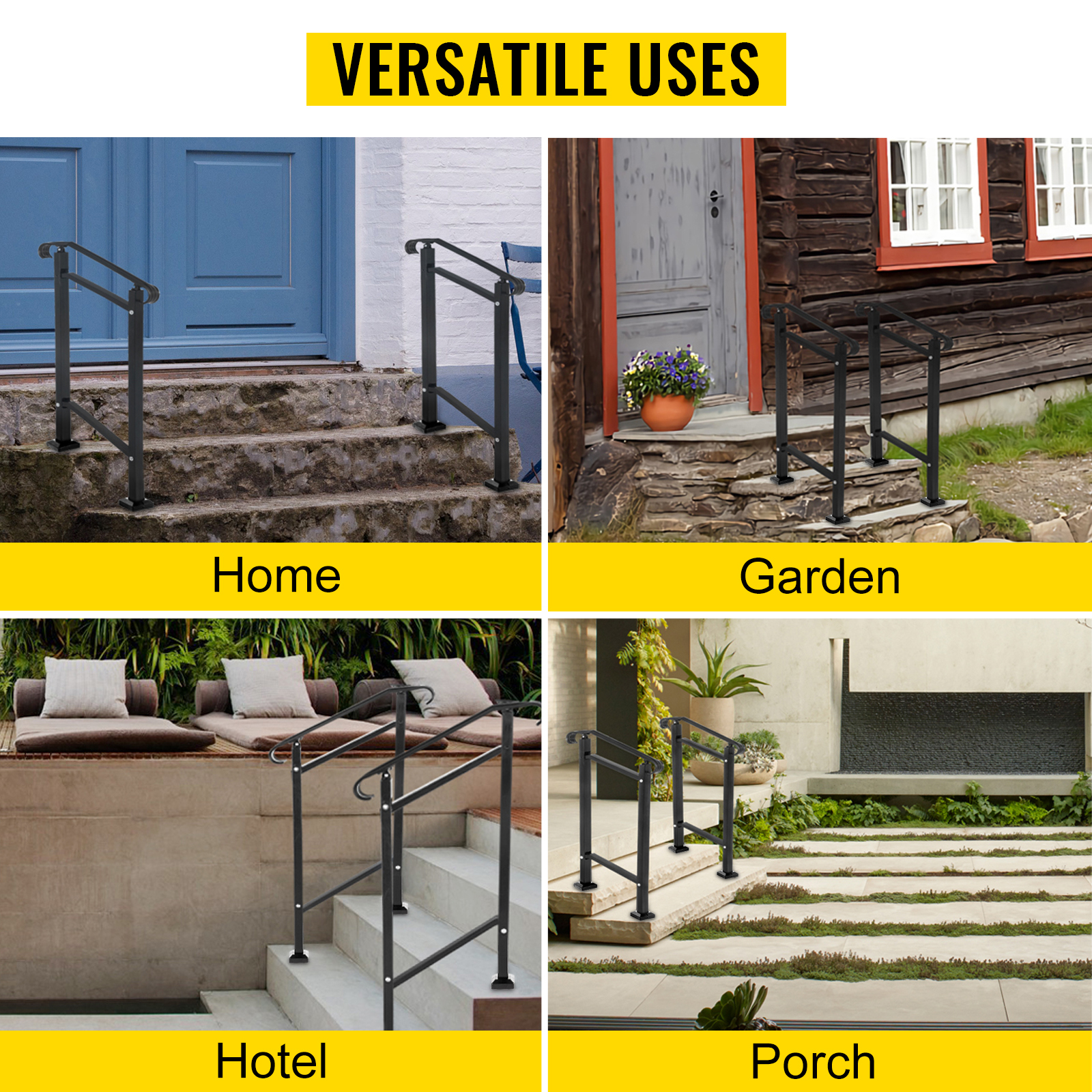 VEVOR outdoor stair railing for home, garden, hotel, and porch steps.