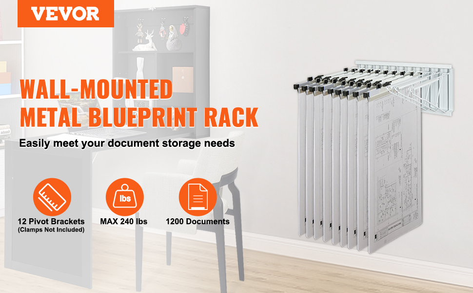 VEVOR wall-mounted metal blueprint rack showcasing 12 pivot brackets and 240 lbs capacity for 1200 documents.