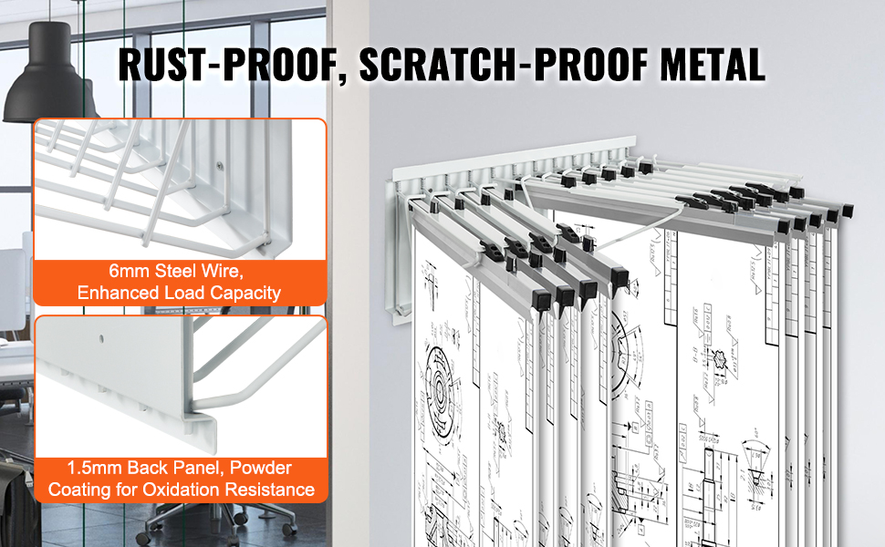 VEVOR blueprint storage rack with rust-proof, scratch-proof metal, enhanced load capacity, and powder coating.