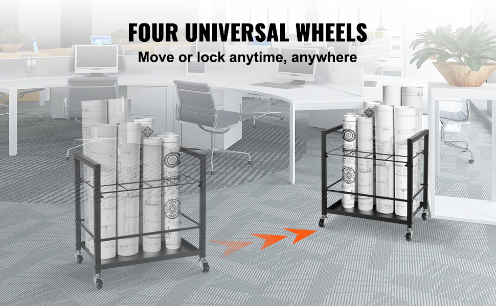 VEVOR blueprint storage rack with four universal wheels in an office, holding rolled blueprints.