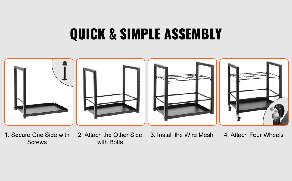 quick and simple assembly steps for VEVOR blueprint storage rack: secure, attach, install mesh, add wheels.