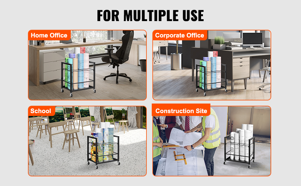 VEVOR blueprint storage rack in use at home office, corporate office, school, and construction site.