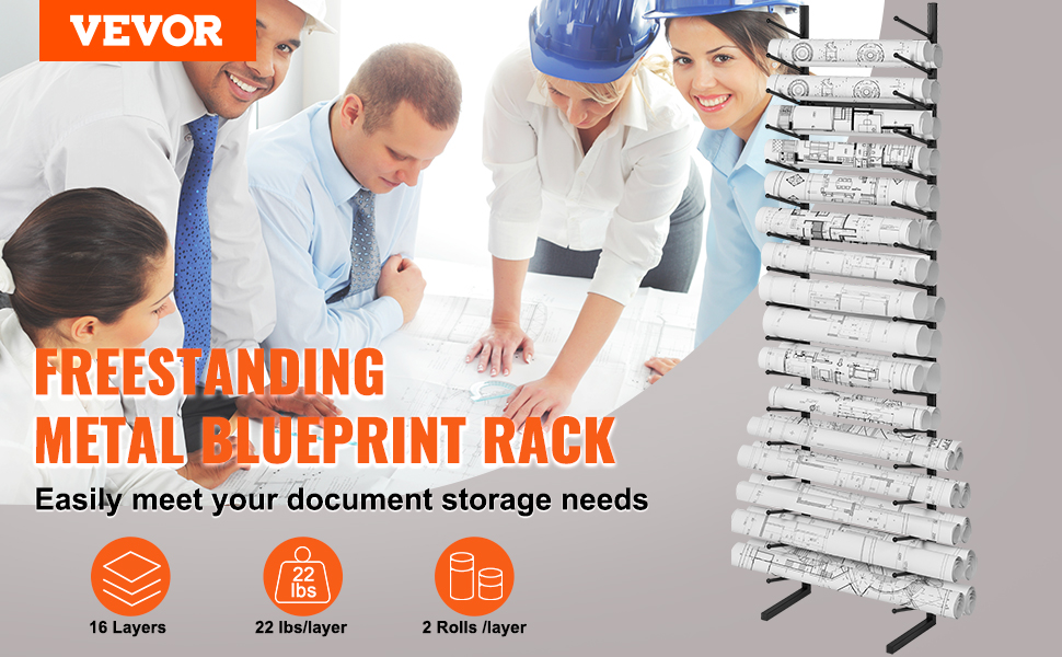VEVOR blueprint storage rack features freestanding metal design, 16 layers, and 22 lbs capacity per layer.