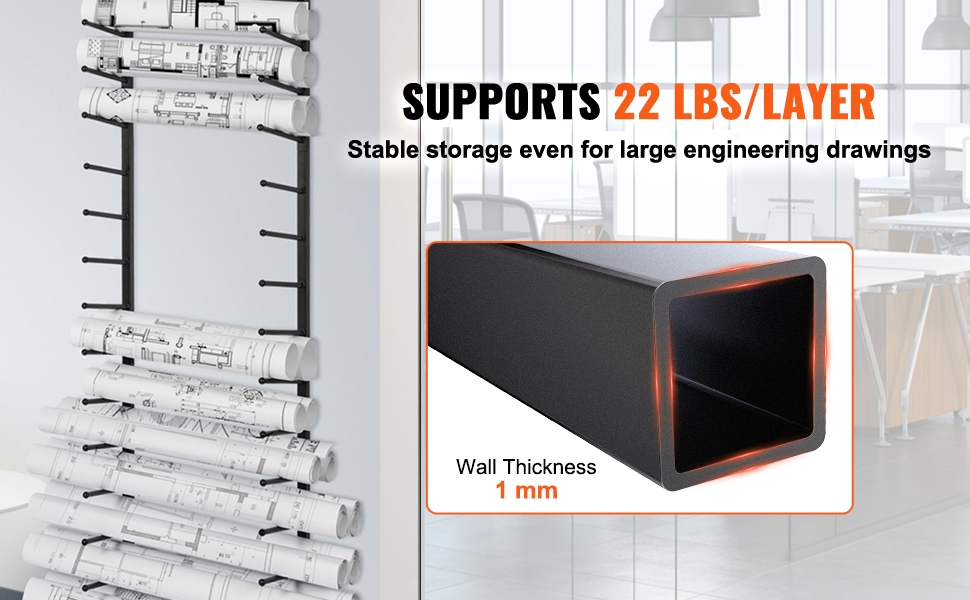 VEVOR blueprint storage rack supporting 22 lbs per layer, showing organized engineering drawings in an office.