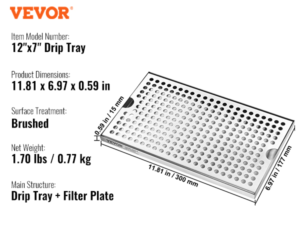 VEVOR beer drip tray 12"x7" with brushed finish, filter plate, 11.81"x6.97"x0.59", 1.70 lbs.