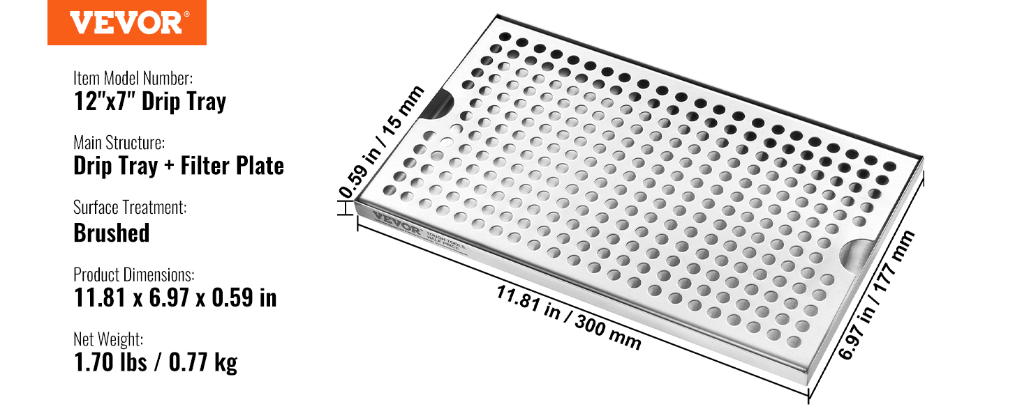 VEVOR beer drip tray 12"x7" with brushed finish, filter plate, 11.81"x6.97"x0.59", 1.70 lbs.