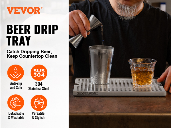 person using VEVOR beer drip tray to pour drink into a stainless steel cup on a clean countertop.