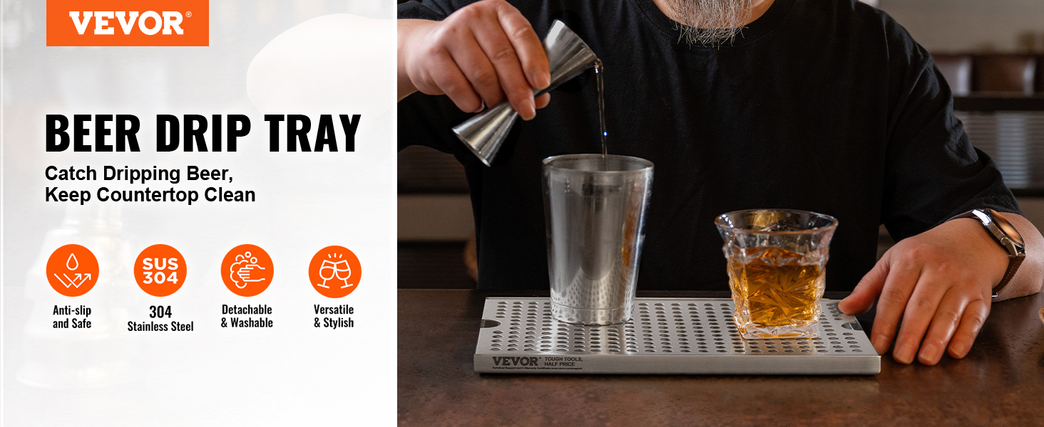 person using VEVOR beer drip tray to pour drink into a stainless steel cup on a clean countertop.