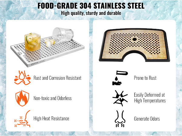 VEVOR beer drip tray in stainless steel with ice-cube background showcasing rust resistance and durability.