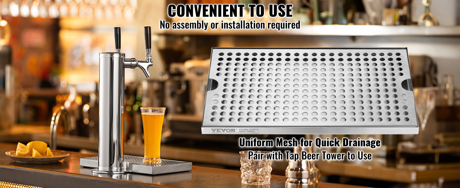 VEVOR beer drip tray with tap, glass of beer, and lemon slices in a cozy bar setting.