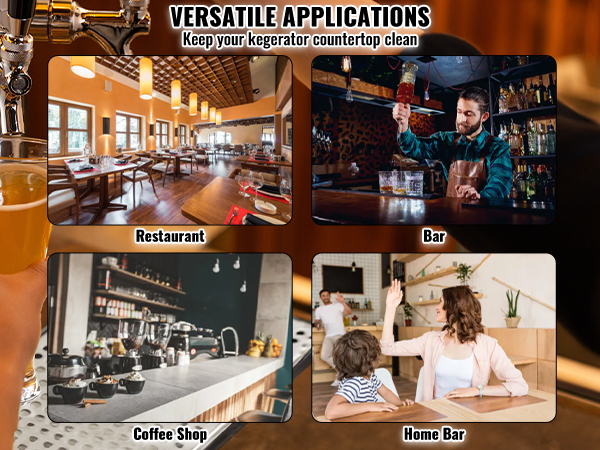 hand pouring beer, VEVOR beer drip tray in restaurant, bar, coffee shop, and home bar setups.