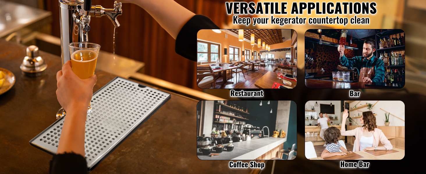 hand pouring beer, VEVOR beer drip tray in restaurant, bar, coffee shop, and home bar setups.