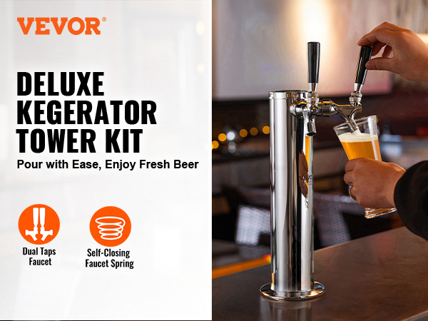 VEVOR dual taps draft beer tower kit in use, pouring fresh beer from a sleek, chrome dispenser.