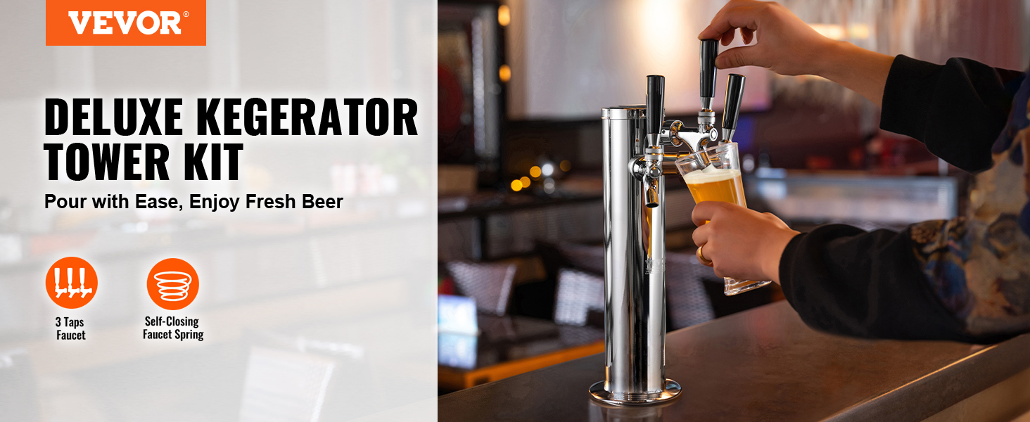 VEVOR beer tower, deluxe kegerator tower kit with 3 taps, ideal for pouring fresh beer effortlessly.