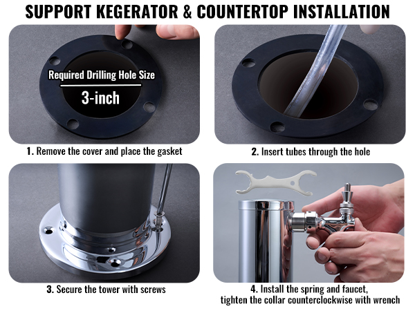 instructions for installing a VEVOR beer tower on a kegerator and countertop, including pouring beer.