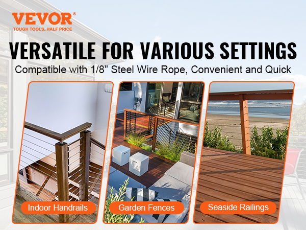 VEVOR cable railing tensioner: versatile for indoor handrails, garden fences, and seaside railings.