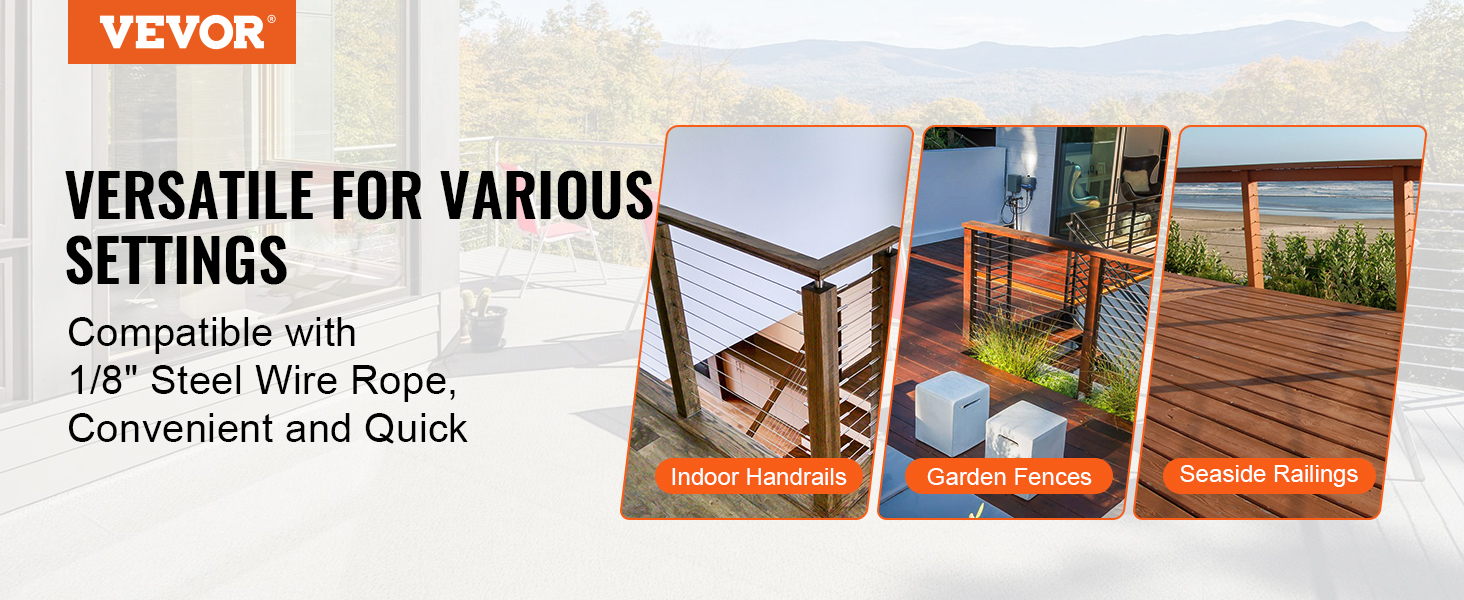 VEVOR cable railing tensioner: versatile for indoor handrails, garden fences, and seaside railings.