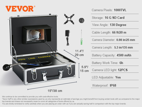 VEVOR sewer camera kit with screen, case, guide wheels, charger, and specs highlighting 130° view angle.
