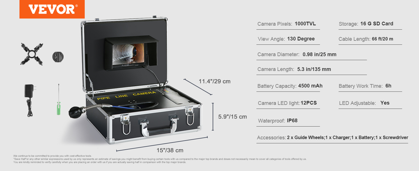 VEVOR sewer camera kit with screen, case, guide wheels, charger, and specs highlighting 130° view angle.