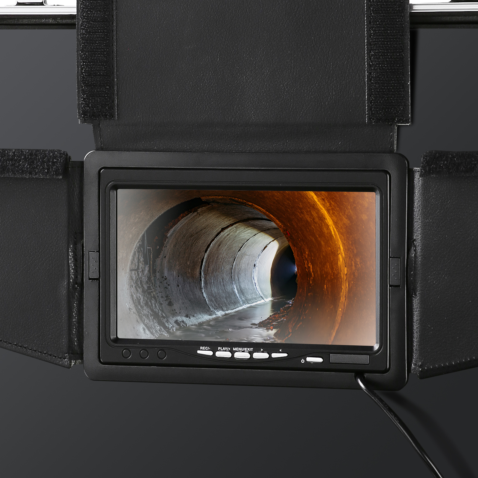 VEVOR sewer camera displaying an internal pipe view on a monitor screen.
