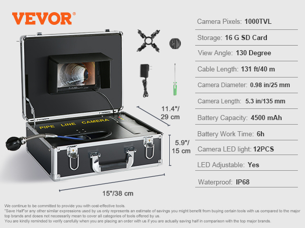 VEVOR sewer camera in a case showing 1000tvl pixels, 130-degree view angle, and accessories.